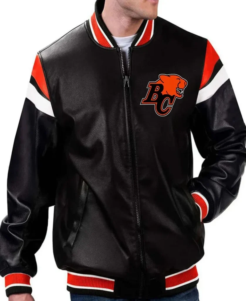 BC Lions Black Varsity Full-Zip Leather Jacket front