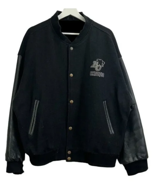 BC Lions CKNW-98 Embroidered Black Varsity Jacket front