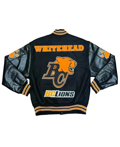 BC Lions White Head Black Varsity Jacket back