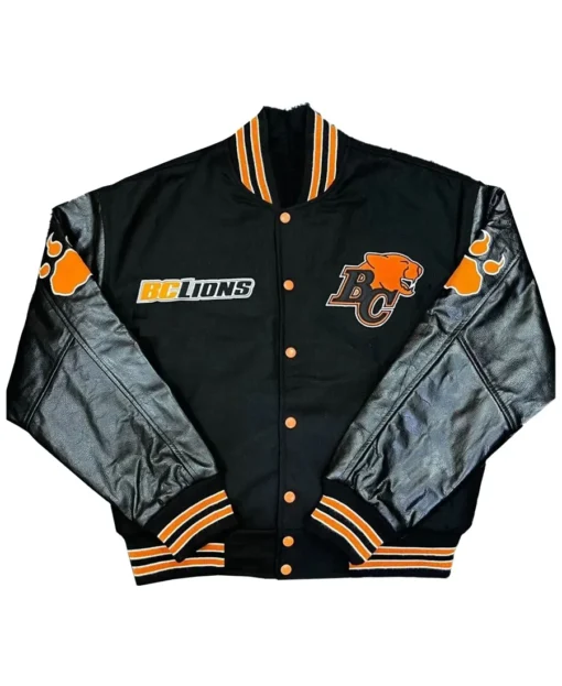 BC Lions White Head Black Varsity Jacket front