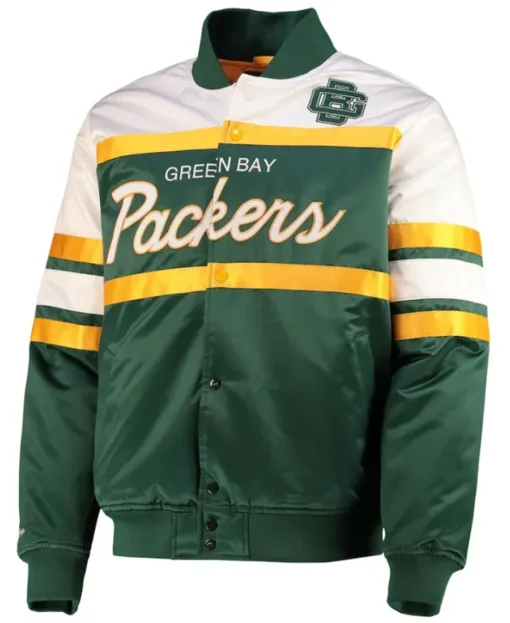 Evans Green Bay Packers Satin Varsity Jacket front