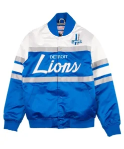 James H Detroit Lions Blue Satin Varsity Jacket front