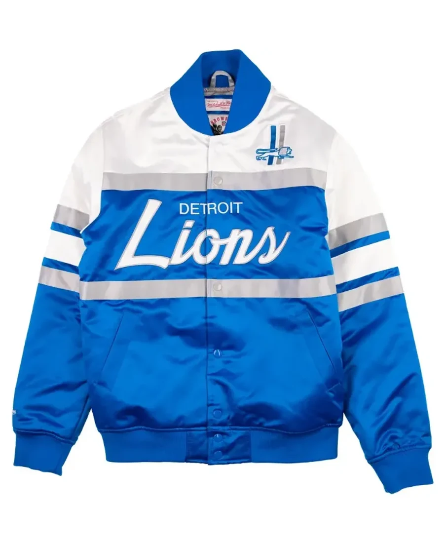 James H Detroit Lions Blue Satin Varsity Jacket front