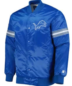 Luke Detroit Lions Starter Blue Satin Varsity Jacket front