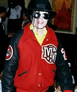 Michael Jackson Red Fleece Letterman Varsity Bomber Jacket front pose