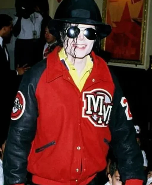 Michael Jackson Red Fleece Letterman Varsity Bomber Jacket front pose