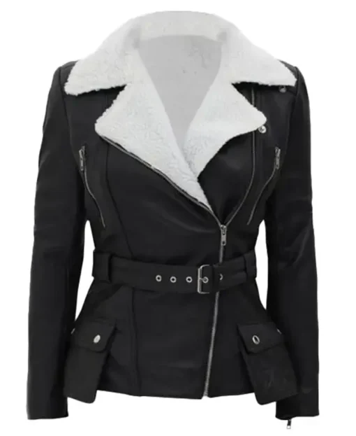 Natalie Shearling Leather Black Belted Biker Jacket front