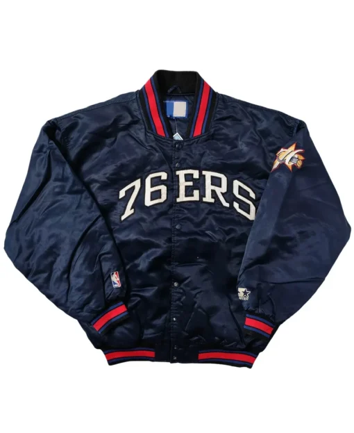 Philadelphia 76ers Bomber Navy Satin Jacket front