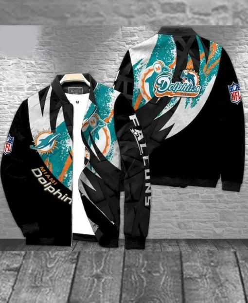 Sam P Miami Dolphins Black Zip Track Bomber Jacket front & back