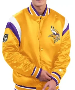 Timothy M Minnesota Vikings Yellow Satin Varsity Jacket front