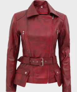 Women’s Distressed Burgundy Biker Front Zipper Closure Jacket front