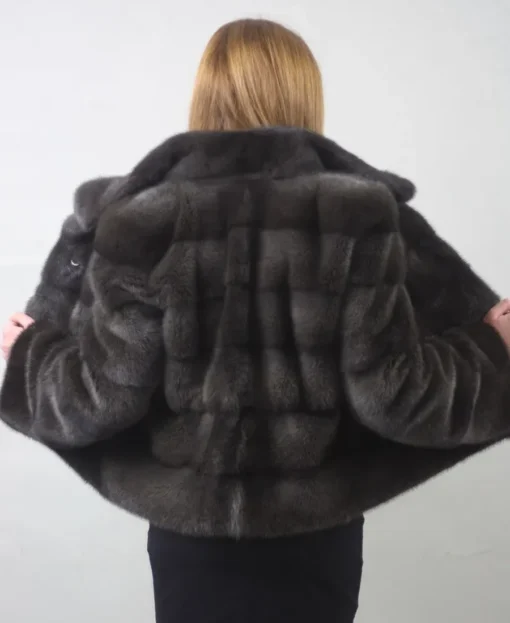 Womens Notched Collar Gray Mink Fur Winter Jacket back