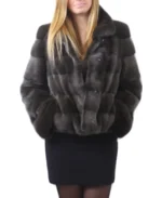 Womens Notched Collar Gray Mink Fur Winter Jacket front