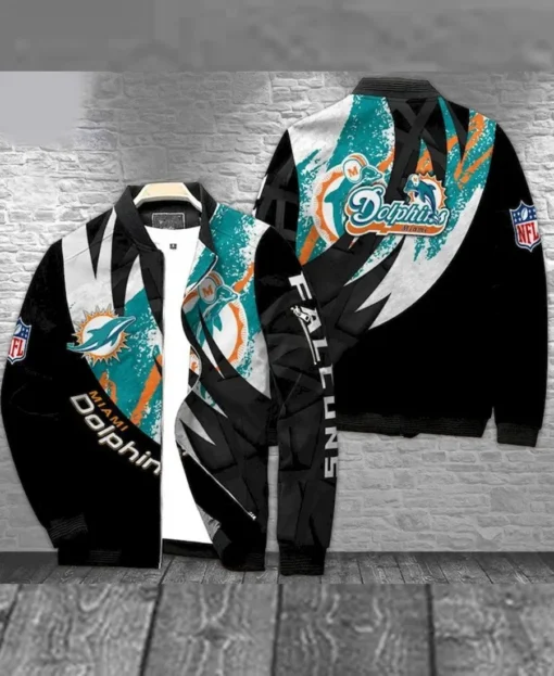 Bradley Miami Dolphins Black Bomber Jacket front & back