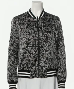 Emily In Paris Lily Collins Black Printed Bomber Jacket front