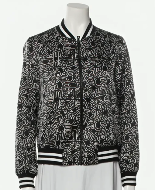 Emily In Paris Lily Collins Black Printed Bomber Jacket front