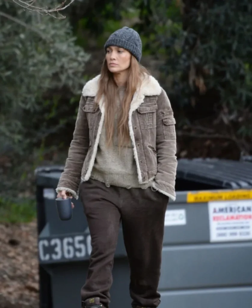 The Mother Jennifer Lopez Brown Shearling Jacket front pose