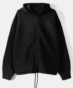 Bershka Zip-Up Slogan Black Hoodie front