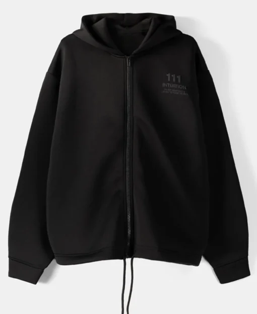 Bershka Zip-Up Slogan Black Hoodie front