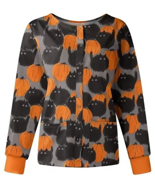 Black Cats with Pumpkin Halloween Scrub Jacket front