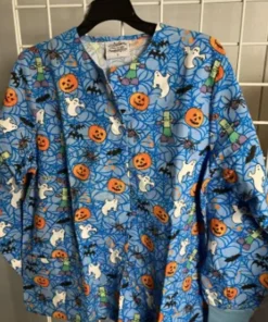 Blue Spiders Pumpwebs Halloween Scrub Jacket front