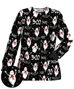 Boo Wooo Black Halloween Scrub Jacket front