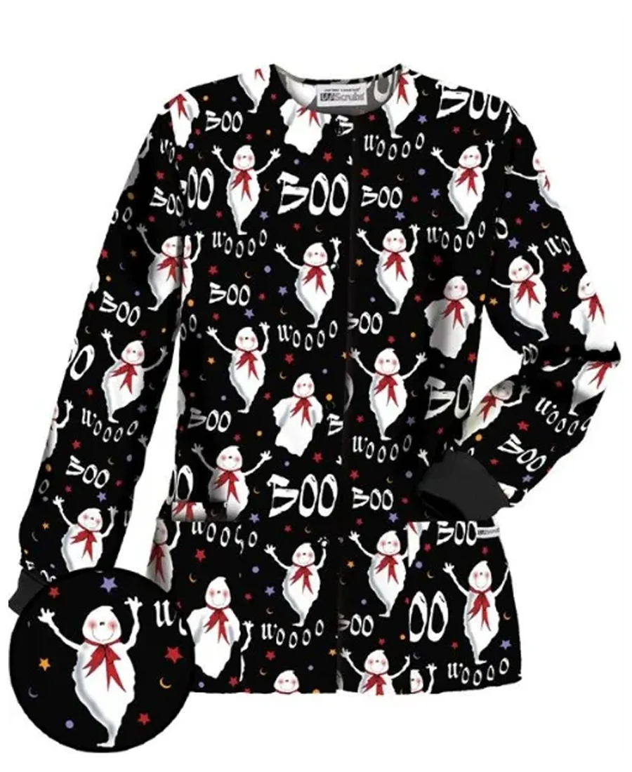 Boo Wooo Black Halloween Scrub Jacket front