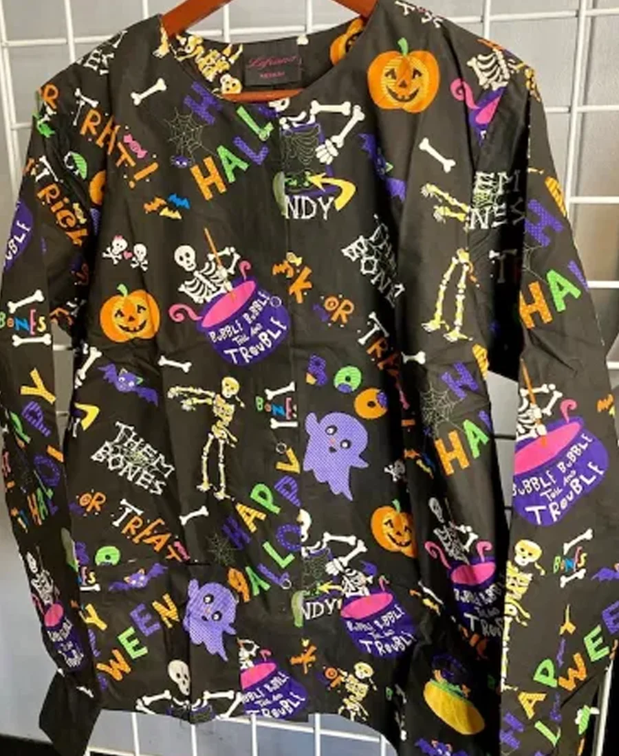 Bubble into the Trouble Halloween Scrub Jacket front