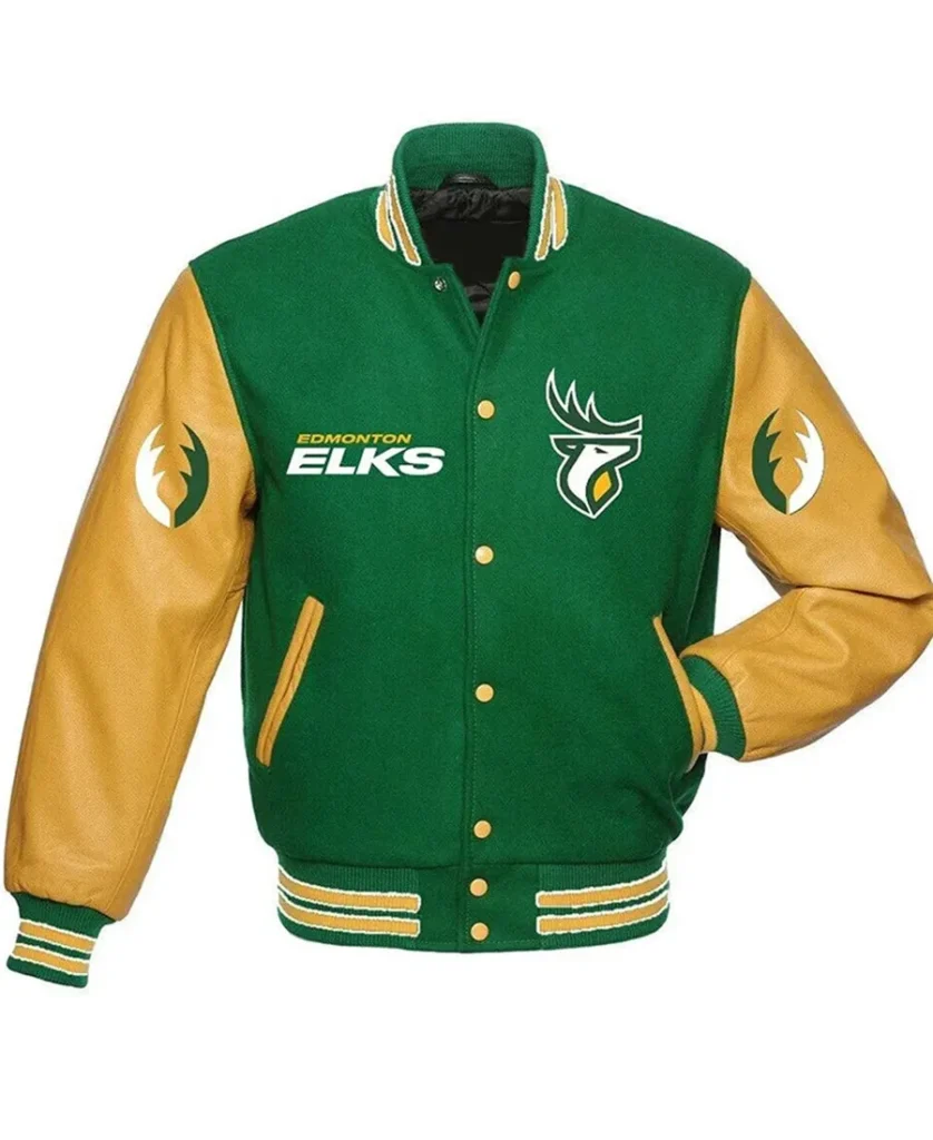 Edmonton Eskimos Green and Tan Brown Varsity Jacket front