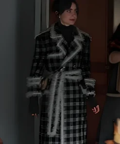 Emily In Paris S4 Lily Collins Ruffled Plaid Coat front