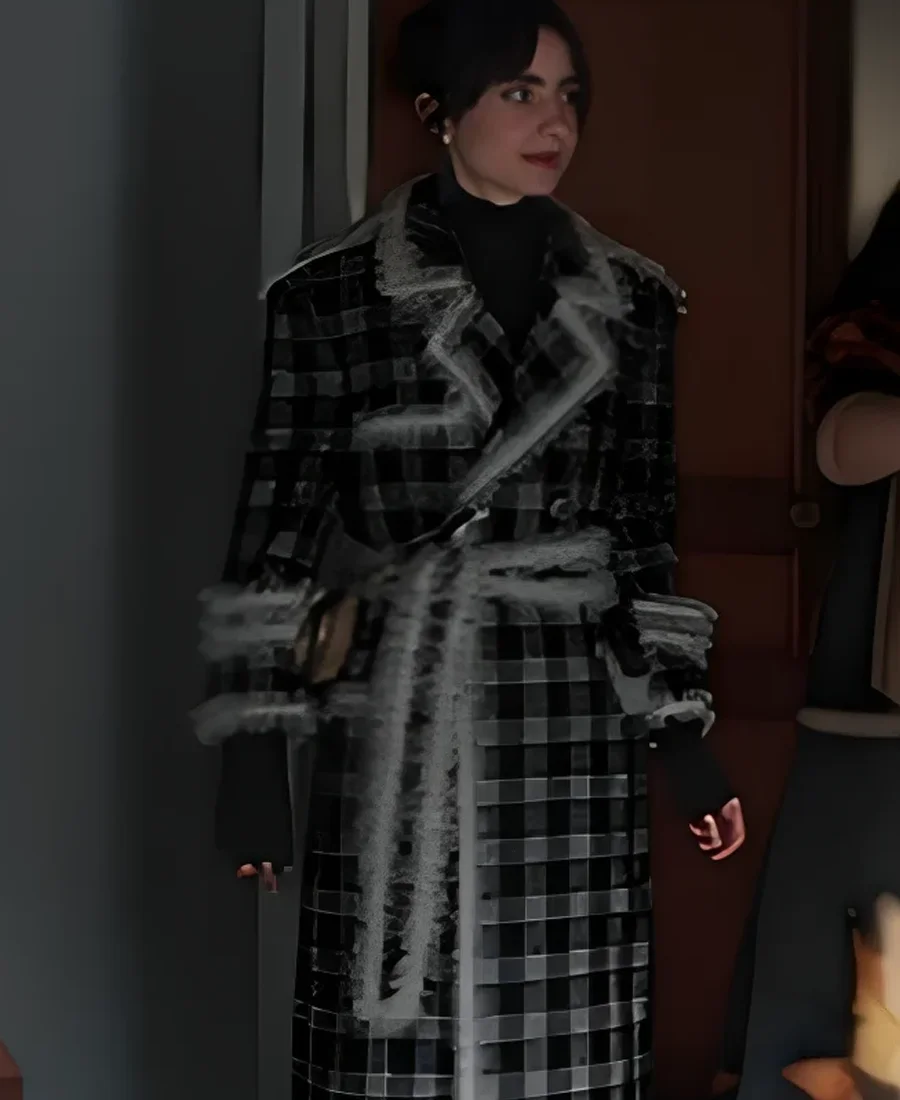 Emily In Paris S4 Lily Collins Ruffled Plaid Coat front