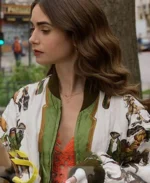 Emily in Paris S02 Lily Collins Horse Print Bomber Jacket pose