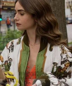 Emily in Paris S02 Lily Collins Horse Print Bomber Jacket pose