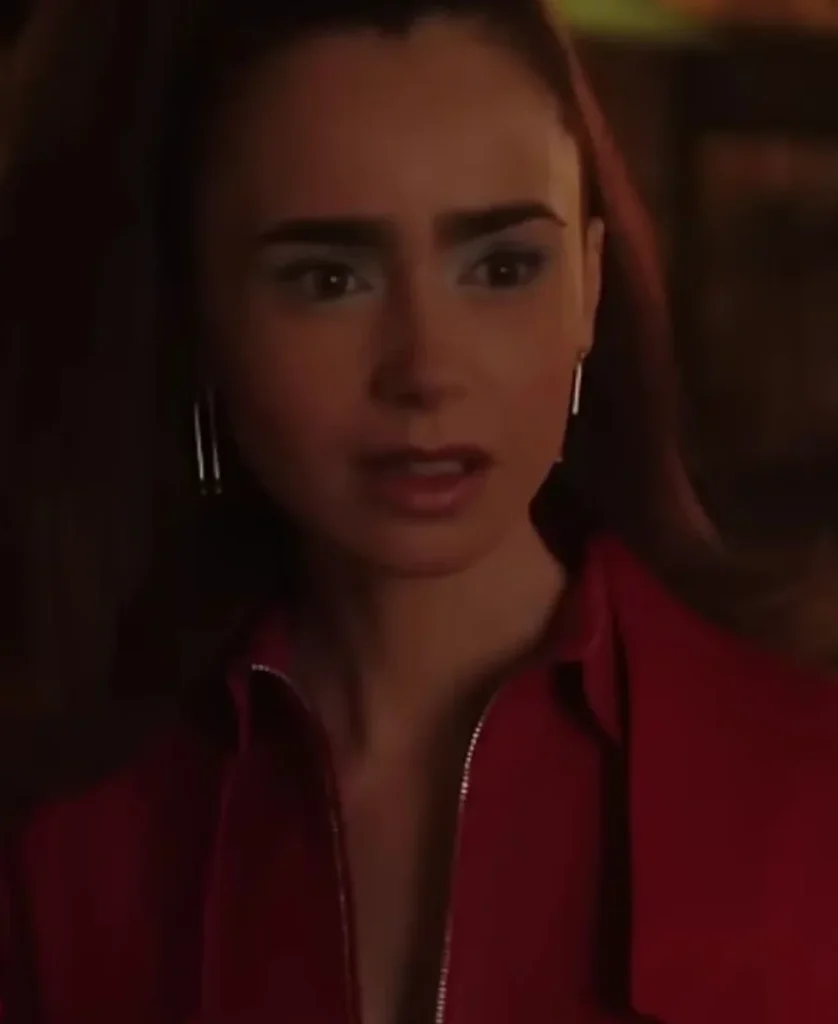 Emily in Paris S04 Lily Collins Red Leather Jacket pose