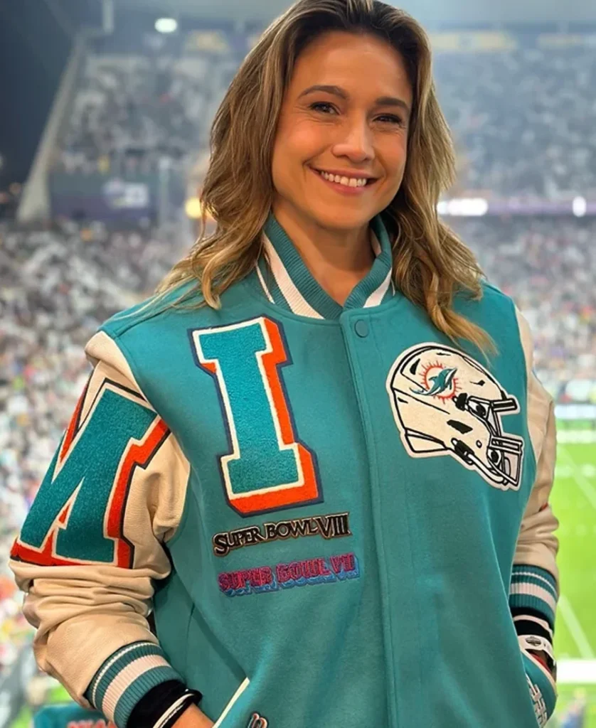 Fernanda Gentil Miami Dolphins Mashup Logo Varsity Jacket front