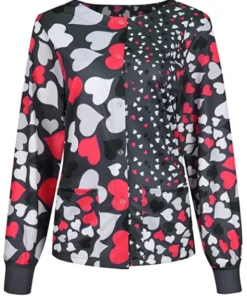 Grey and Red Hearts Halloween Scrub Jacket front