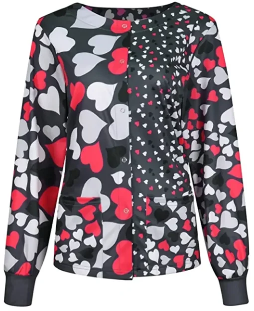 Grey and Red Hearts Halloween Scrub Jacket front