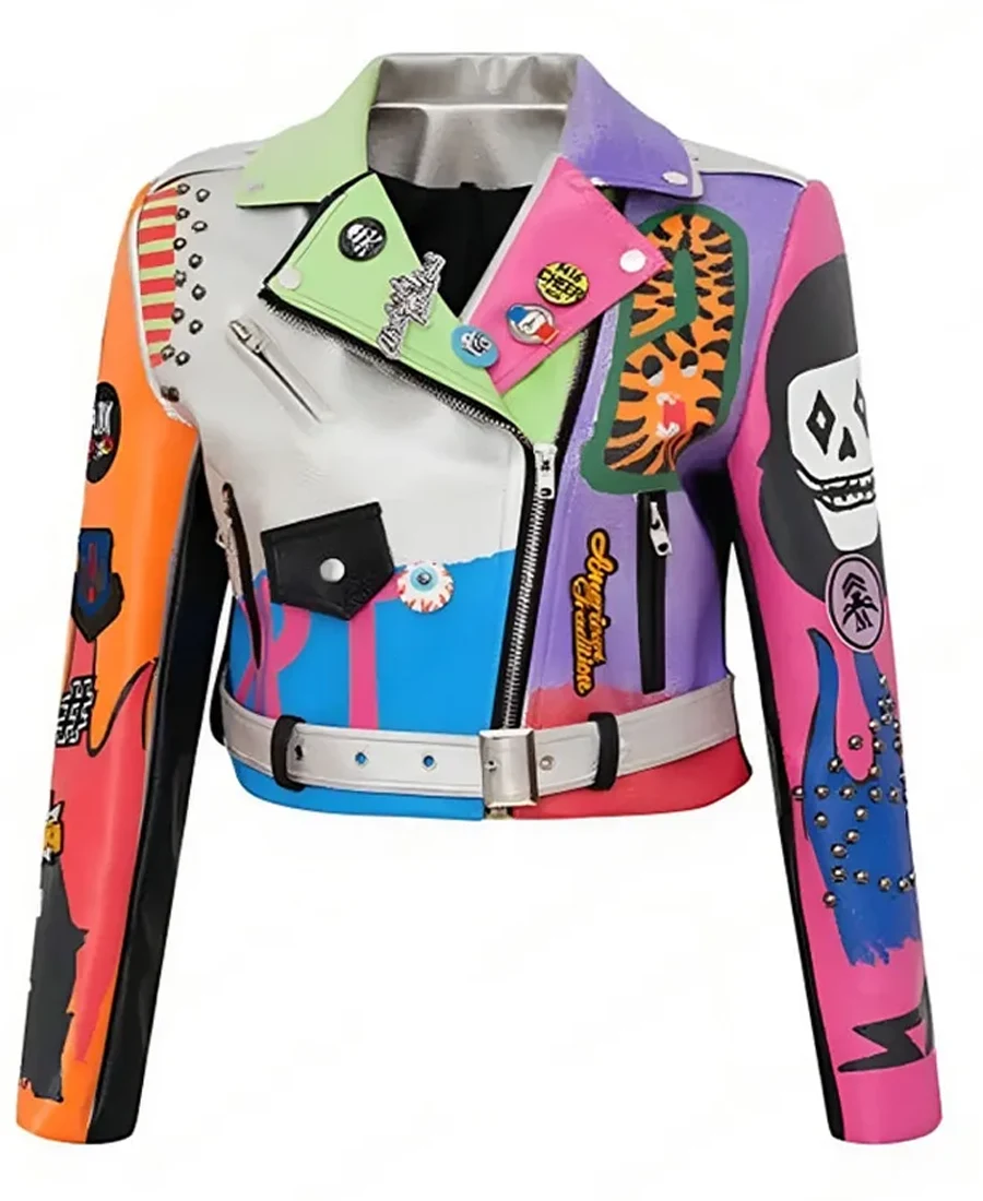 Halloween Multicolor Biker Leather Jacket front