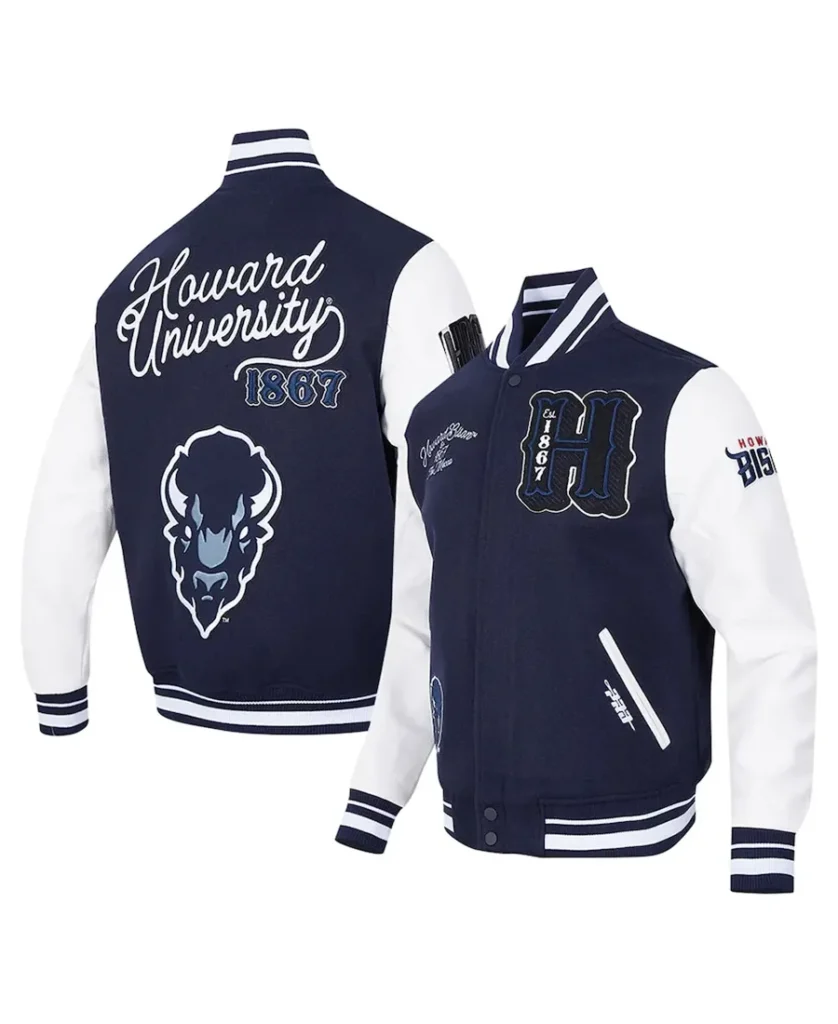 Howard Bison Navy and White Varsity Full-Zip Jacket front & back