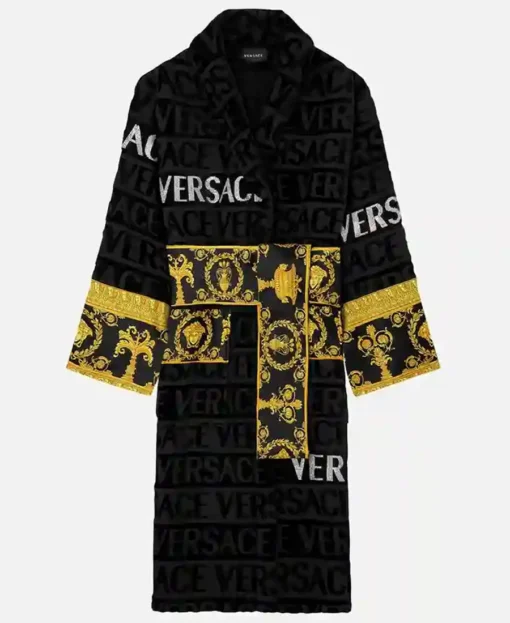 Kaia Wiza Flash Versace Word Black Bath Robe front