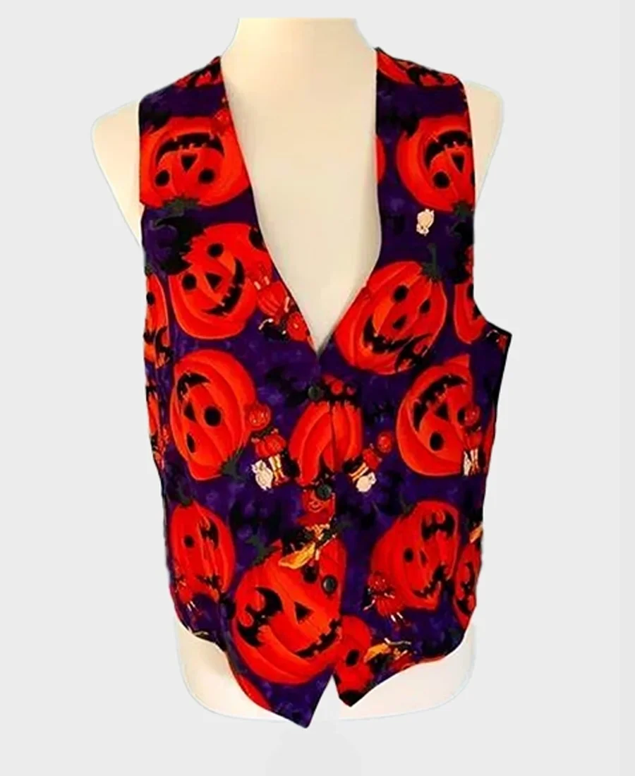 Smiling Red Pumpkins Purple Halloween Vest front