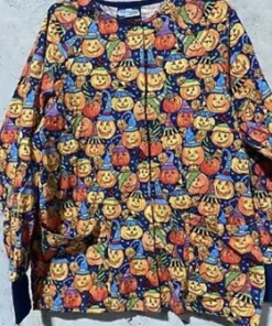 Too Many Pumpkins Print Halloween Scrub Jacket front