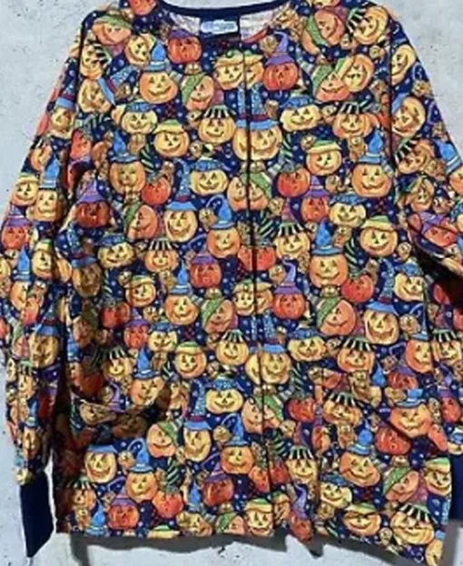 Too Many Pumpkins Print Halloween Scrub Jacket front