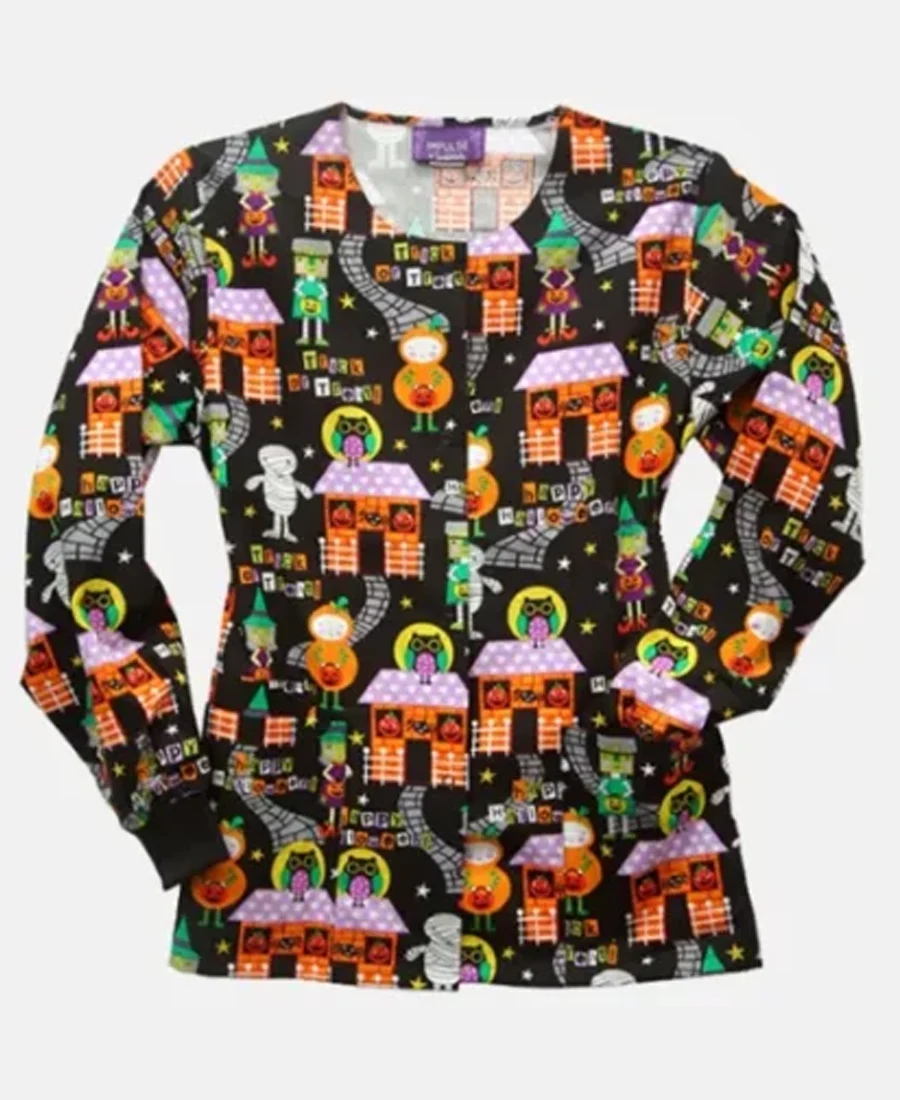 Trick or Treat Halloween Scrub Jacket front