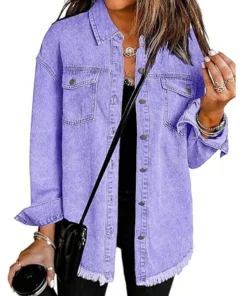 Vetinee Women’s Oversized Frayed Hem Purple Denim Shacket