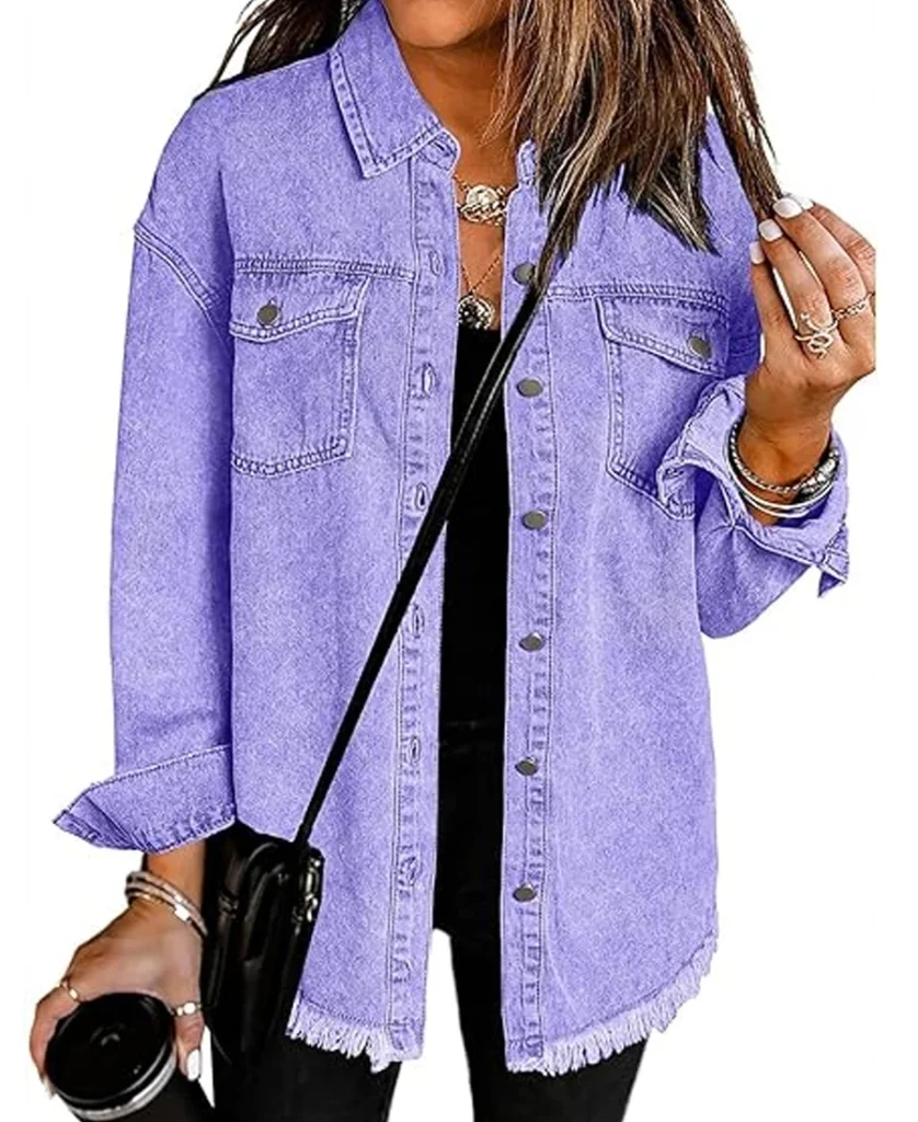 Vetinee Women’s Oversized Frayed Hem Purple Denim Shacket