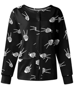 Victory Skelton Hands Halloween Scrub Jacket front