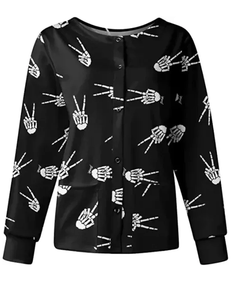 Victory Skelton Hands Halloween Scrub Jacket front