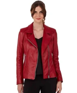 Women's Cherry Red Leather Jacket front