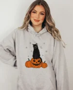 Halloween Black Cat Hoodie grey front